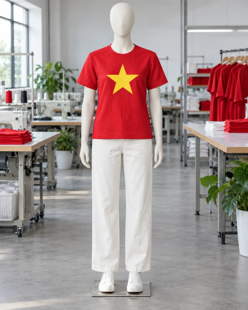 Áo cờ đỏ sao vàng đỏ son dáng trẻ trung cho đoàn thể 006 – đỏ son, linen pha