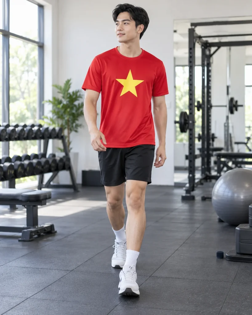 Áo cờ đỏ sao vàng đỏ cờ dáng regular cho trường học 008 – đỏ cờ, poly thể thao