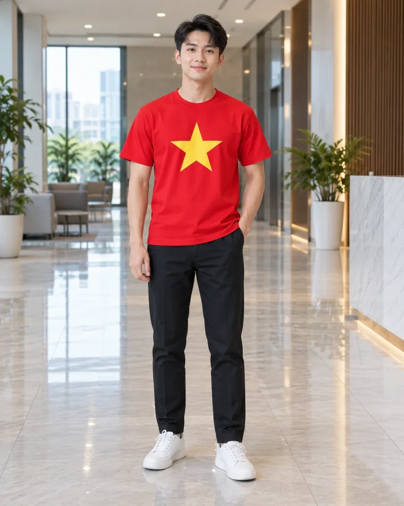 Áo cờ đỏ sao vàng đỏ tươi dáng gọn cho sự kiện cộng đồng 010 – đỏ tươi, kaki bền màu