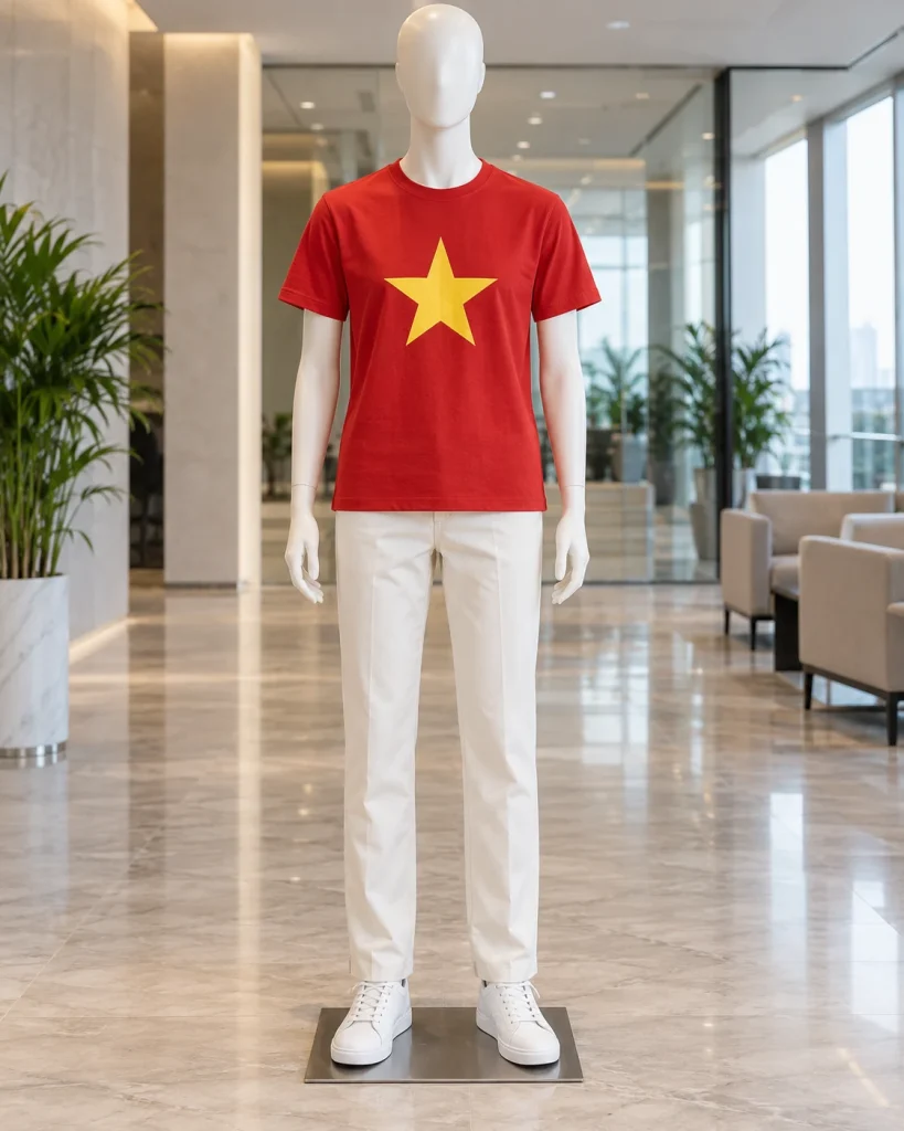 Áo cờ đỏ sao vàng đỏ son dáng trẻ trung cho đoàn thể 018 – đỏ son, linen pha