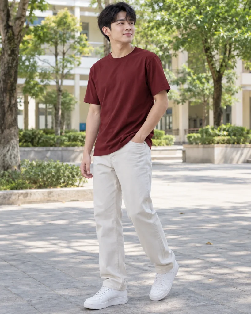 Áo thun cổ tròn đỏ đô dáng unisex cho đội nhóm 068 – đỏ đô, kaki mềm