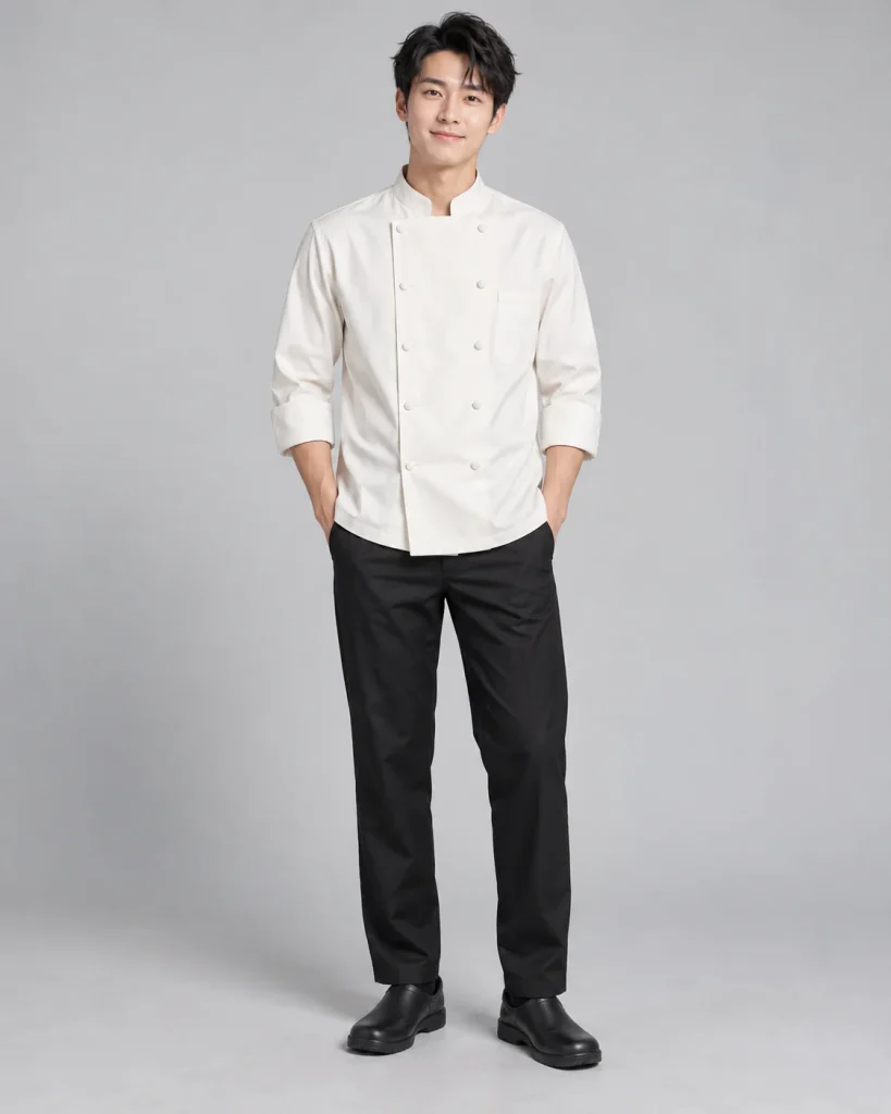 Áo bếp đồng phục trắng kem dáng năng động cho bếp bánh 089 – trắng kem, cotton compact