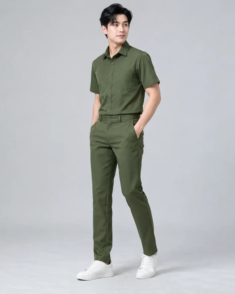 Đồng phục công ty xanh rêu dáng trẻ trung cho doanh nghiệp 097 – xanh rêu, kaki mềm