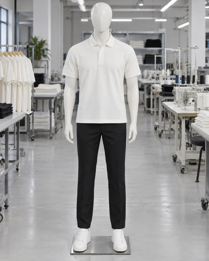Đồng phục công ty trắng kem dáng unisex cho đội ngũ bán hàng 102 – trắng kem, cá sấu poly