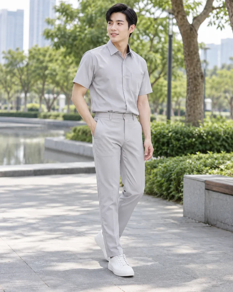 Đồng phục công ty ghi sáng dáng trẻ trung cho doanh nghiệp 103 – ghi sáng, kaki mềm