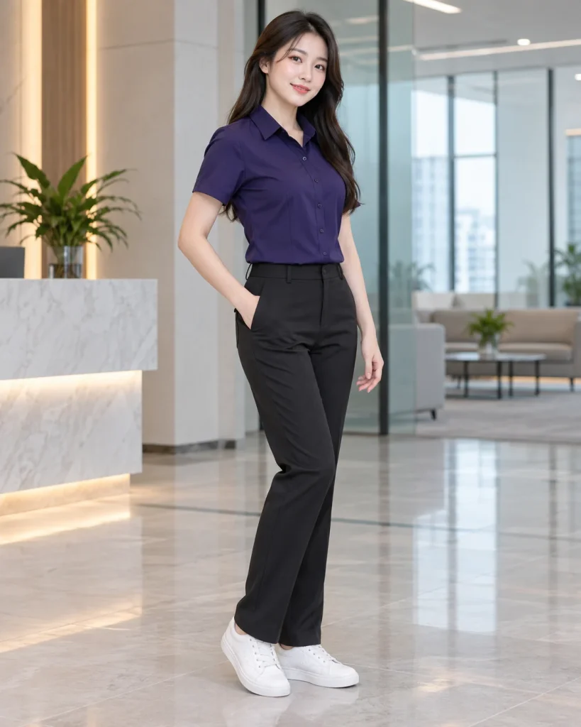 Đồng phục công ty tím than dáng năng động cho doanh nghiệp 106 – tím than, kate thoáng khí