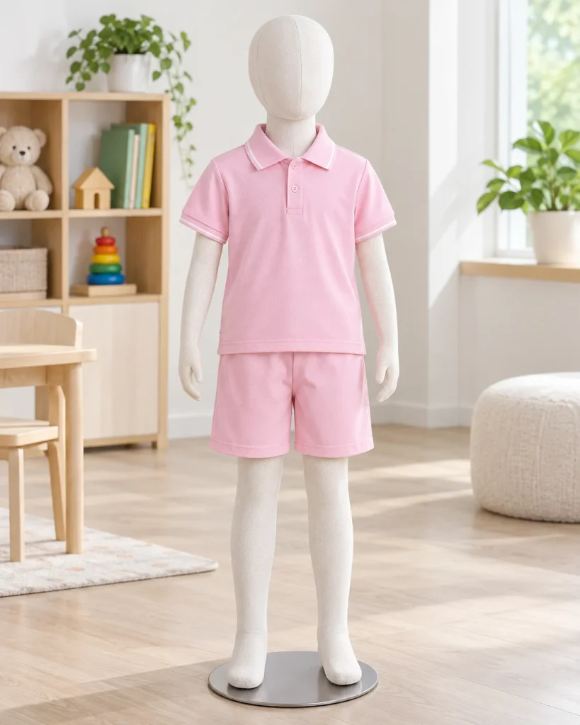 Đồng phục mầm non hồng phấn dáng unisex cho trung tâm trẻ em 147 – hồng phấn, cotton compact