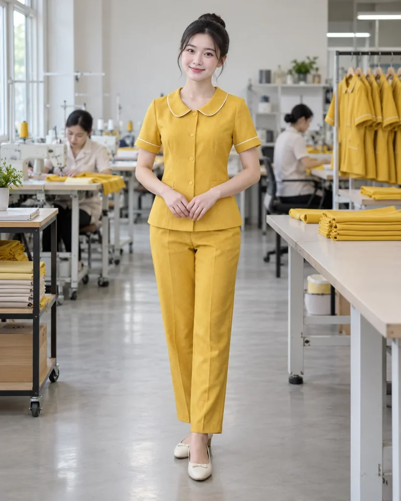 Đồng phục mầm non vàng nghệ dáng gọn cho lớp năng khiếu 158 – vàng nghệ, linen pha