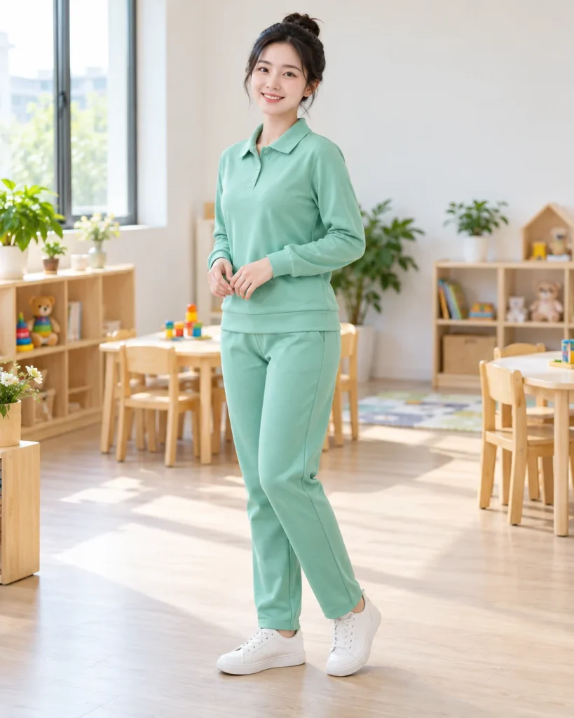 Đồng phục giáo viên mầm non xanh mint dáng gọn cho trung tâm trẻ em 203 – xanh mint, nỉ da cá