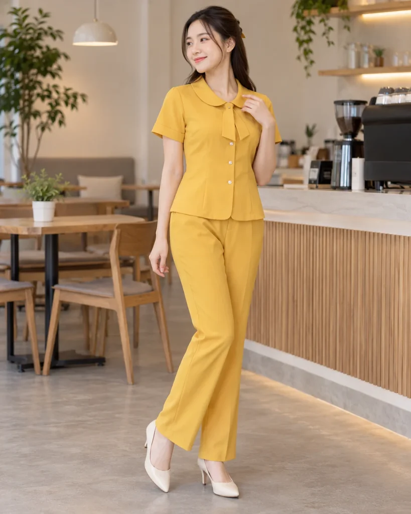 Đồng phục giáo viên mầm non vàng nghệ dáng trẻ trung cho giáo dục mầm non 205 – vàng nghệ, kate thoáng khí