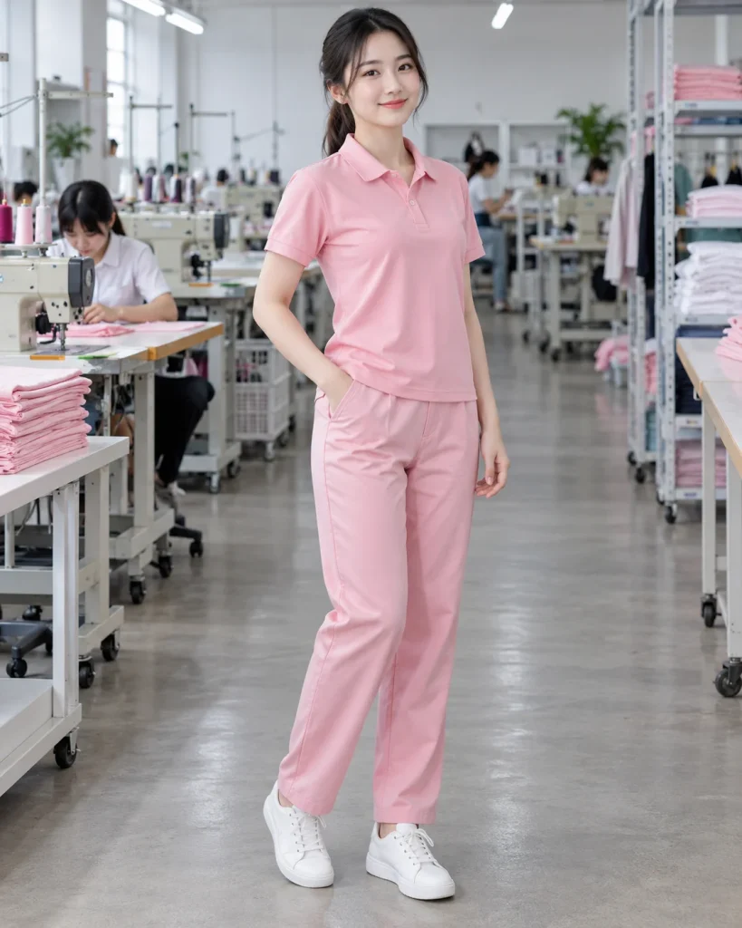 Đồng phục giáo viên mầm non hồng phấn dáng suông cho trung tâm trẻ em 206 – hồng phấn, cotton co giãn