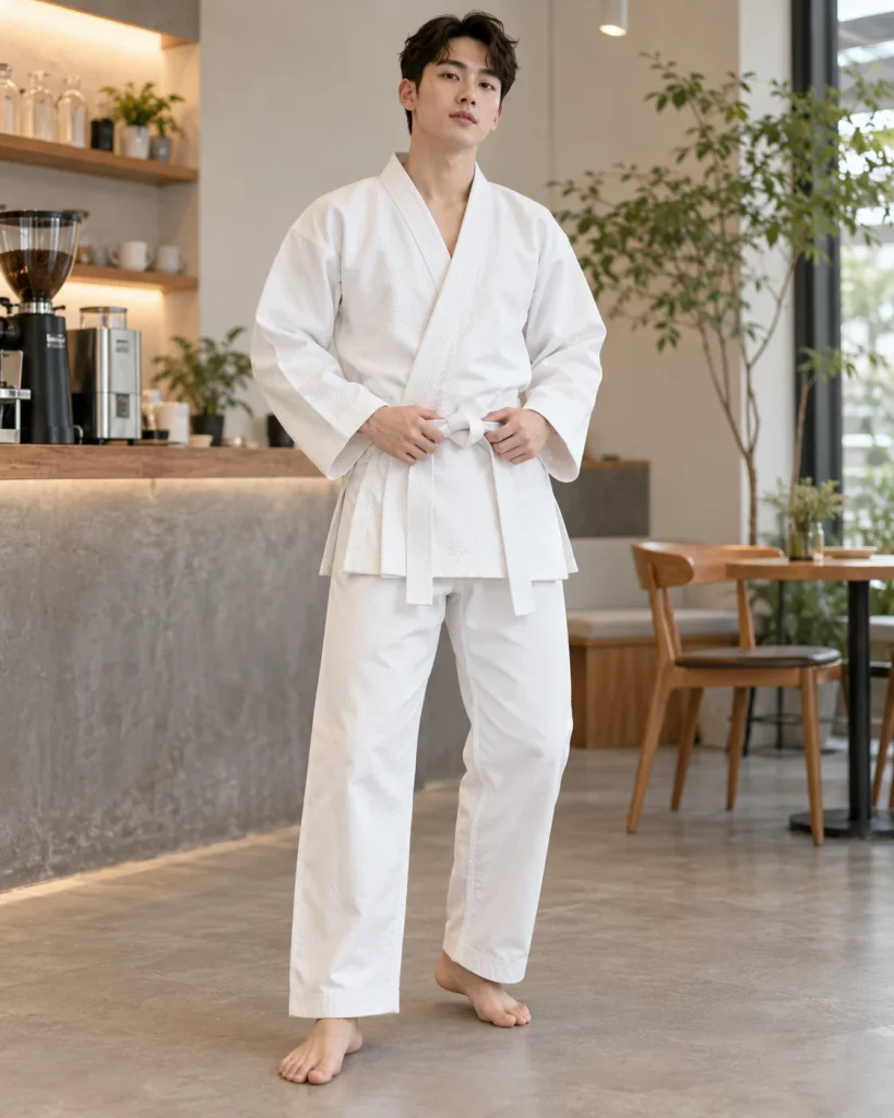 Võ phục luyện tập trắng kem dáng unisex cho võ đường 296 – trắng kem, cá sấu cotton