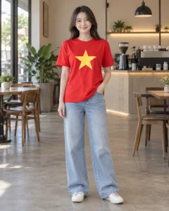 Áo cờ đỏ sao vàng đỏ tươi dáng suông cho sự kiện cộng đồng 013