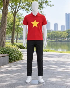 Áo cờ đỏ sao vàng đỏ son dáng năng động cho đoàn thể 015