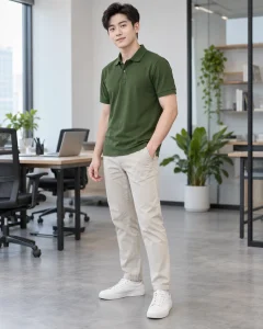 Áo polo đồng phục xanh rêu dáng regular cho văn phòng 019