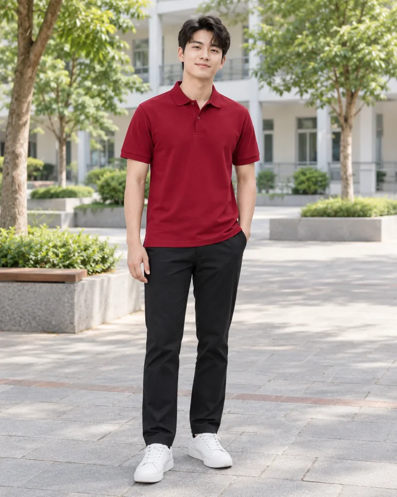 Áo polo đồng phục đỏ đô dáng năng động cho bán hàng 020
