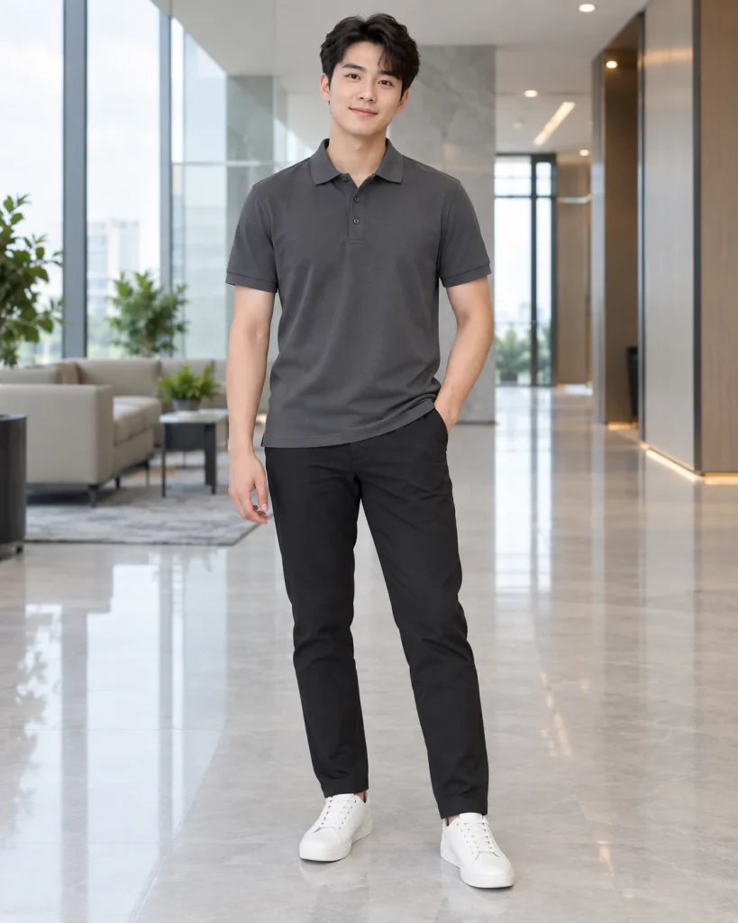 Áo polo đồng phục xám than dáng năng động cho bán hàng 026