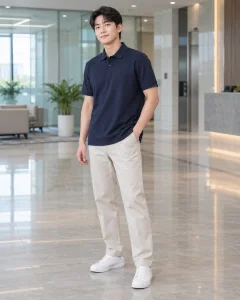 Áo polo đồng phục xanh navy dáng unisex cho văn phòng 034