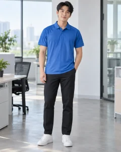 Áo polo đồng phục xanh dương dáng trẻ trung cho bán hàng 035