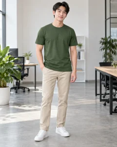 Áo thun cổ tròn xanh rêu dáng gọn cho sự kiện 067
