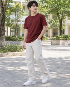 Áo thun cổ tròn đỏ đô dáng unisex cho đội nhóm 068