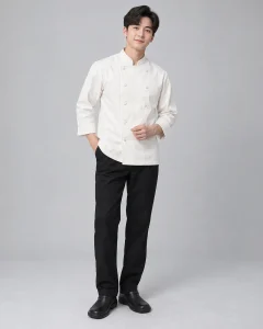 Áo bếp đồng phục trắng kem dáng unisex cho nhà hàng 073