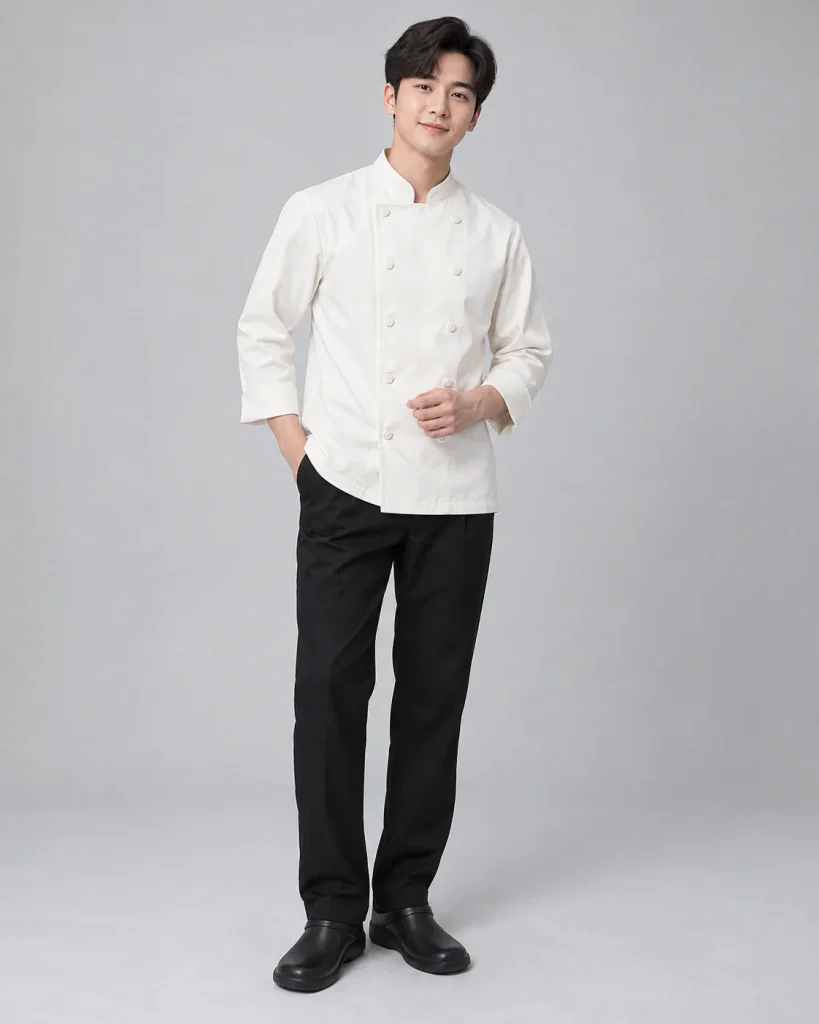 Áo bếp đồng phục trắng kem dáng unisex cho nhà hàng 073
