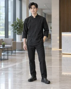 Áo bếp đồng phục đen dáng regular cho nhà hàng 082