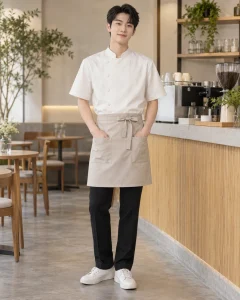 Áo bếp đồng phục trắng kem dáng unisex cho nhà hàng 085