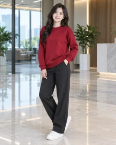 Đồng phục công ty đỏ đô dáng suông cho văn phòng 098