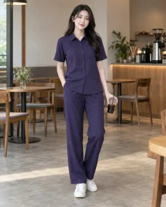 Đồng phục công sở tím than dáng unisex cho văn phòng 181