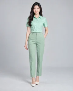 Đồng phục công sở xanh mint dáng năng động cho ngân hàng 185