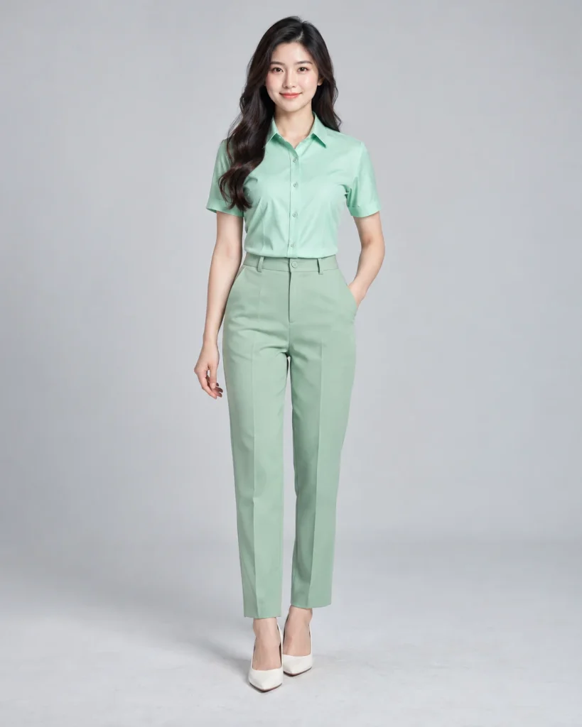 Đồng phục công sở xanh mint dáng năng động cho ngân hàng 185