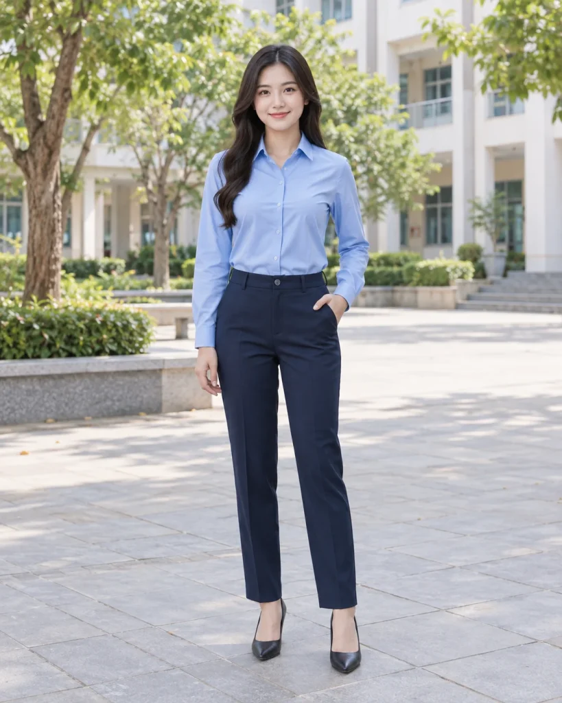 Đồng phục công sở xanh dương dáng trẻ trung cho ngân hàng 188
