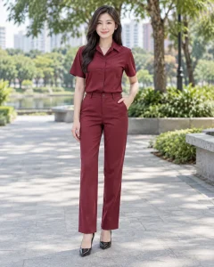 Đồng phục công sở đỏ đô dáng năng động cho ngân hàng 191