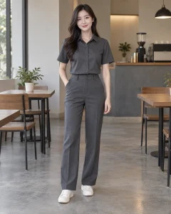 Đồng phục công sở xám than dáng năng động cho ngân hàng 197