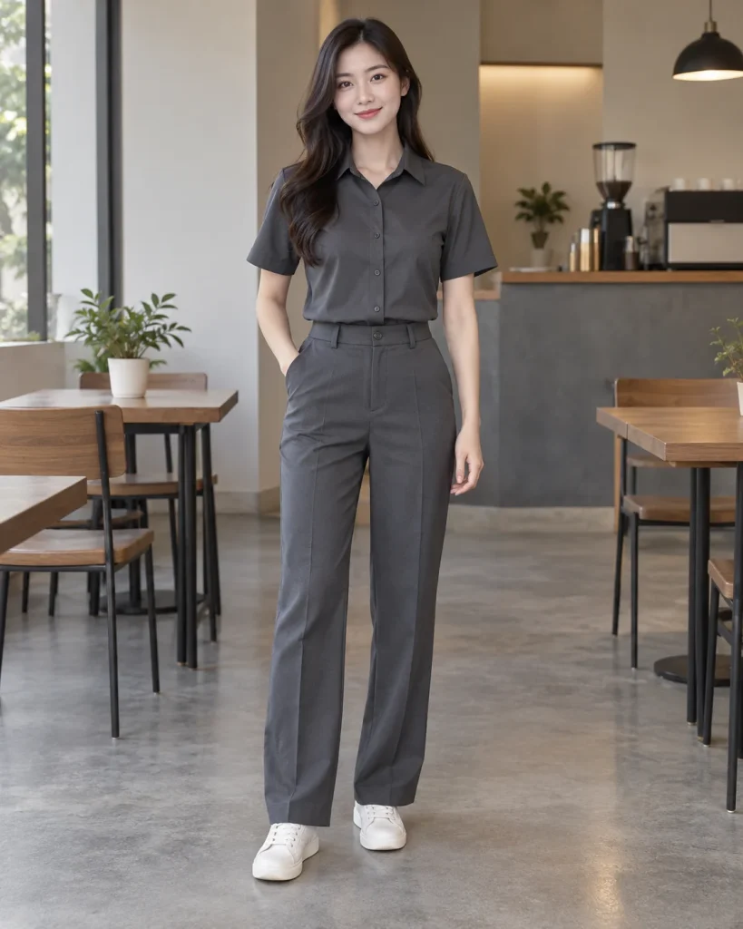 Đồng phục công sở xám than dáng năng động cho ngân hàng 197