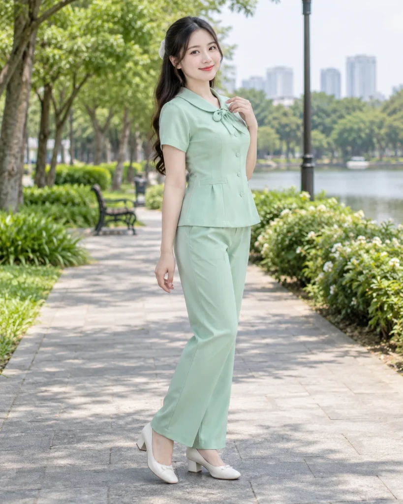 Đồng phục giáo viên mầm non xanh mint dáng trẻ trung cho giáo dục mầm non 199