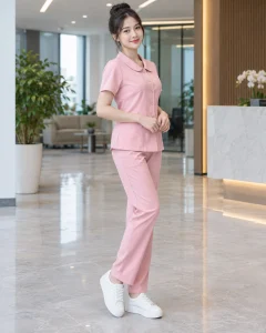 Đồng phục giáo viên mầm non hồng phấn dáng năng động cho giáo dục mầm non 202
