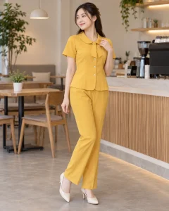 Đồng phục giáo viên mầm non vàng nghệ dáng trẻ trung cho giáo dục mầm non 205
