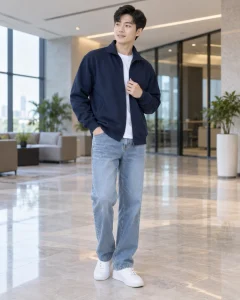 Áo khoác đồng phục xanh navy dáng unisex cho doanh nghiệp 248