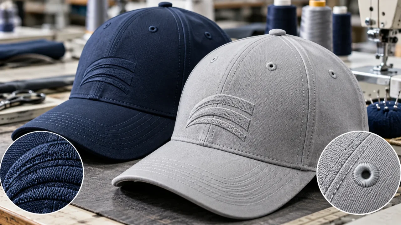Hai mẫu mũ đồng phục xanh navy và xám với đường thêu sắc nét