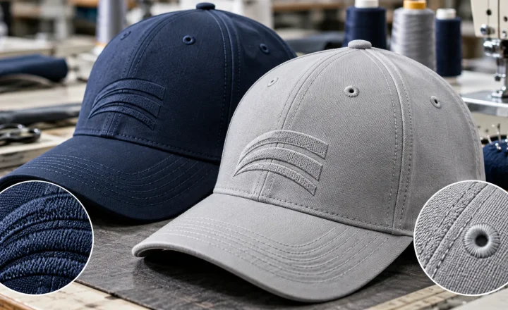 Hai mẫu mũ đồng phục xanh navy và xám với đường thêu sắc nét