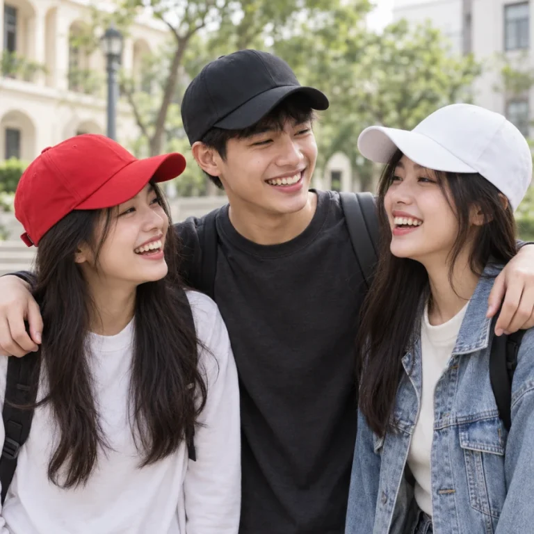 Nhóm bạn trẻ đội mũ lưỡi trai đỏ đen trắng