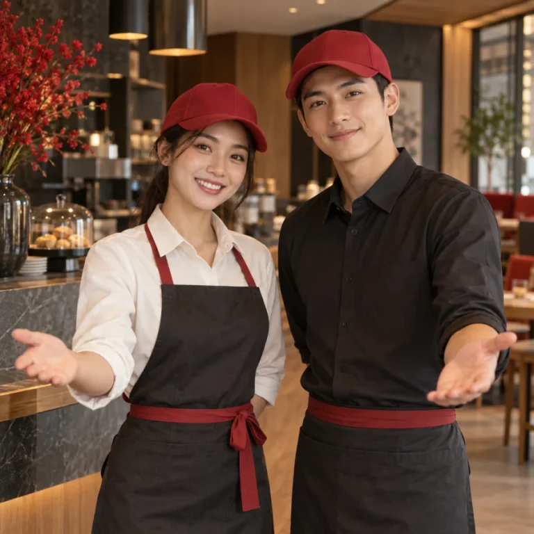 Nhân viên nhà hàng đội mũ lưỡi trai đỏ