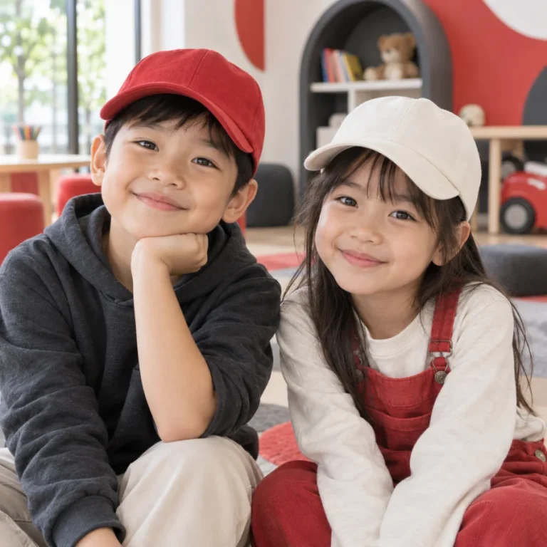 Trẻ em đội mũ lưỡi trai đỏ và trắng